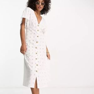ASOS DESIGN broderie v neck midi dress with buttons in white